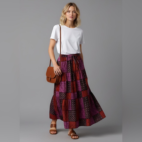 Boho Patchwork Print Maxi Skirt Red - Picture 2 of 11